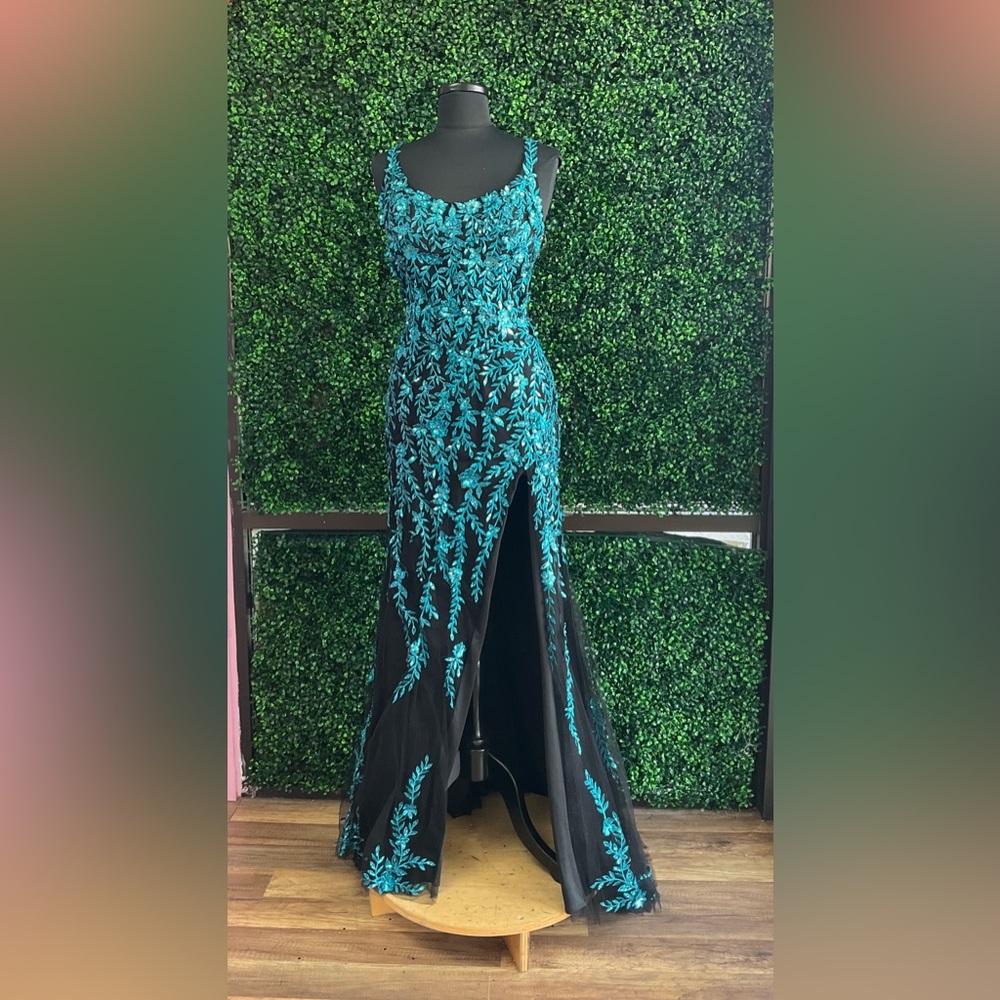 Mori Lee Black and Teal Prom Dress